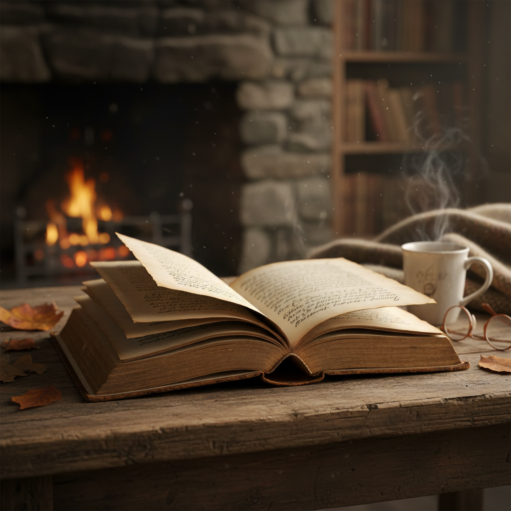 An open, handwritten book rests on a wooden table beside a steaming mug and glasses, with a fireplace and bookshelf in the background.